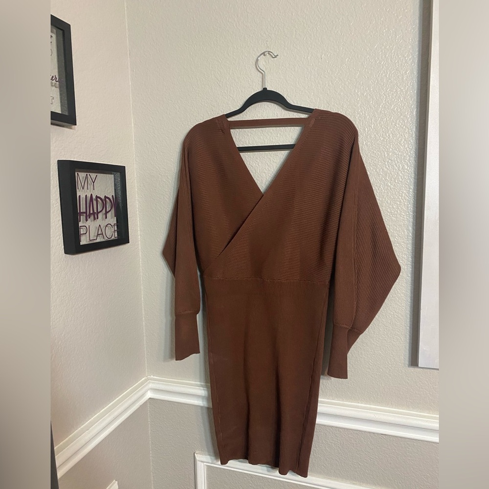Brown Ribbed Sweater Dress - Picture 13 of 14
